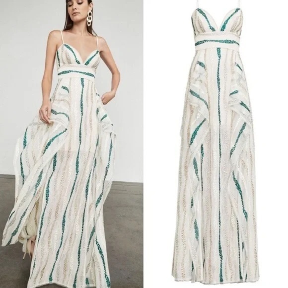 BCBGMaxAzria • Liliana Dress gown tulle net embroidered maxi cream green flowy - Picture 1 of 13